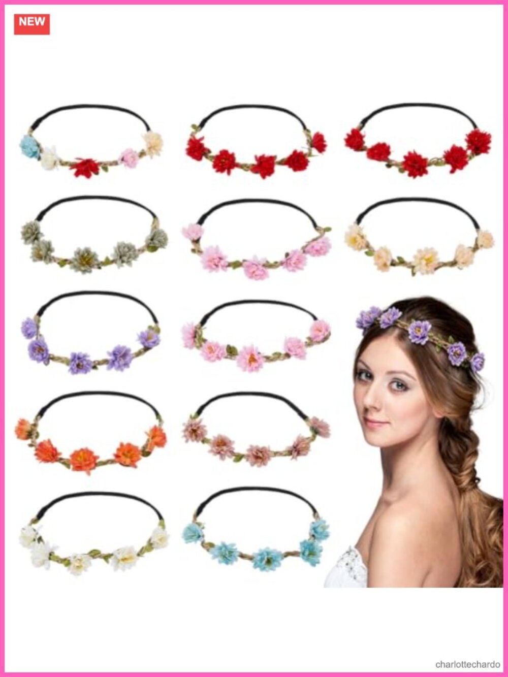 12-Pack Flower Crown Headbands Elastic Artificial Silk Hair Accessories